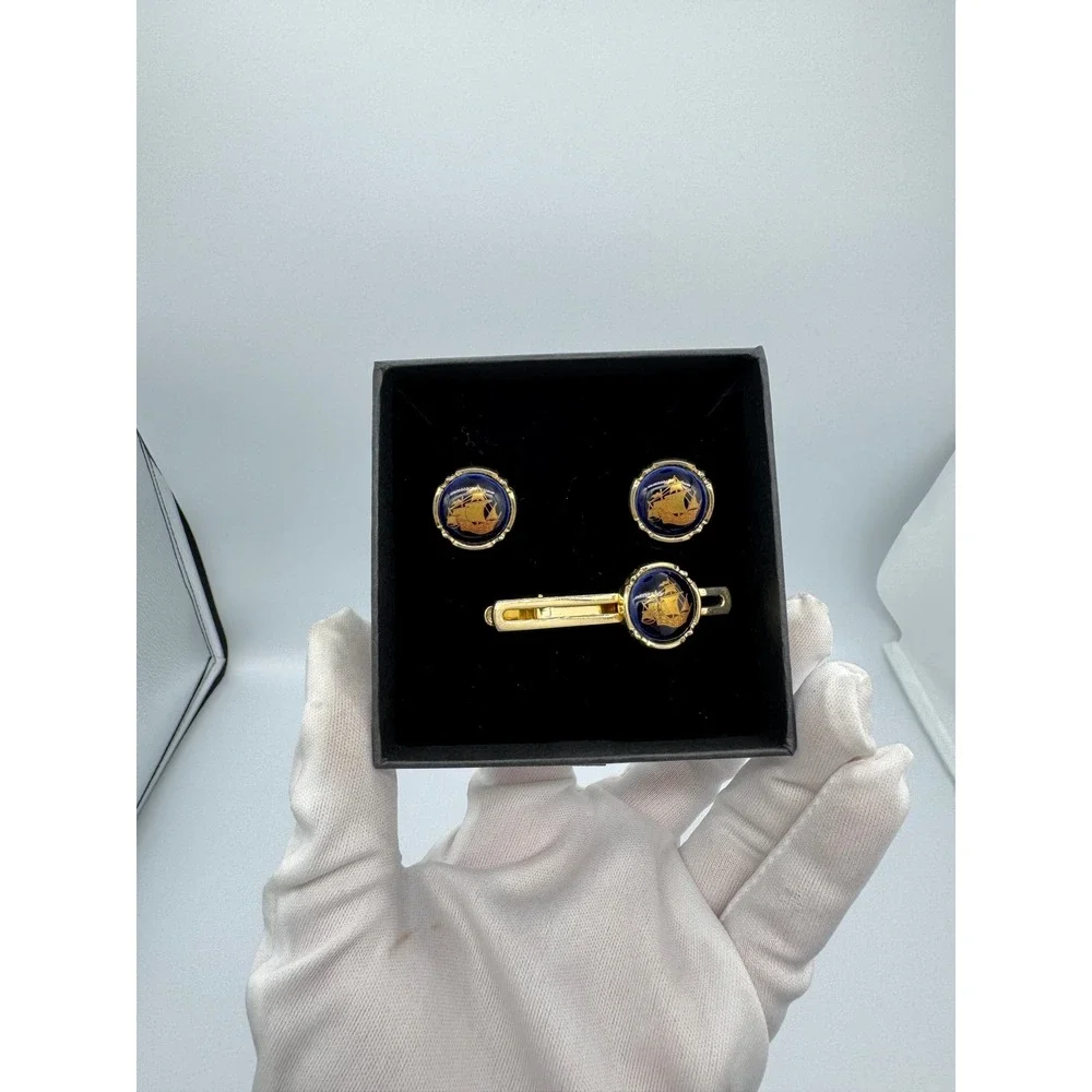 Limoges castel France cufflinks &  tie clip  Gold Tone Blue ship‎ nautical Set